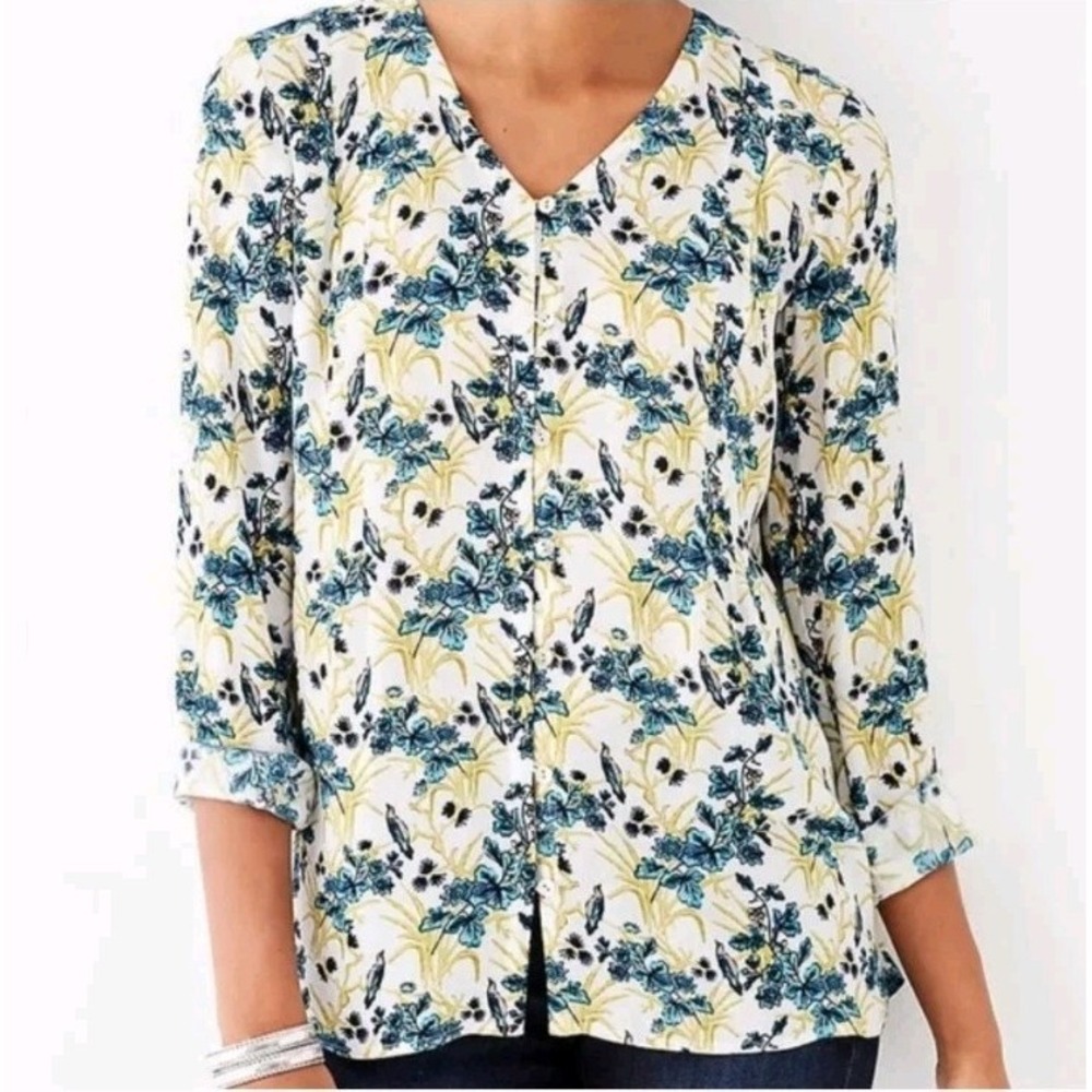 NWOT J. Jill V-neck Long Sleeve Blouse BIRD FLORAL DESIGN RAYON LIGHT Size S